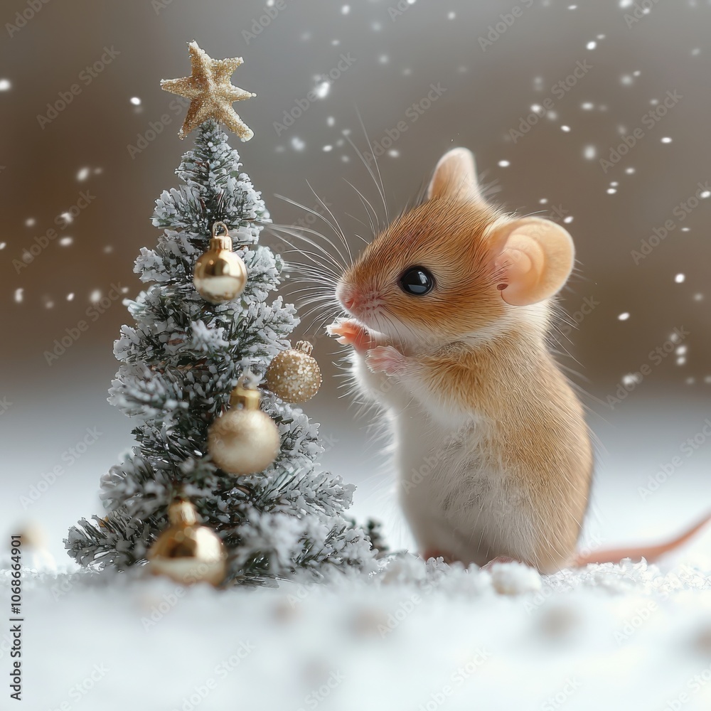 Adorable mouse decorating a mini christmas tree with tiny ornaments for a festive celebration Adorable mouse decorating a mini christmas tree with tiny ornaments for a festive celebration