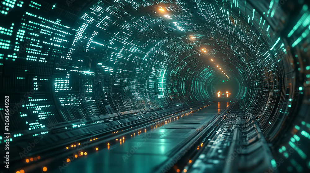 Futuristic digital tunnel with flowing green binary code
Futuristic digital tunnel with flowing green binary code