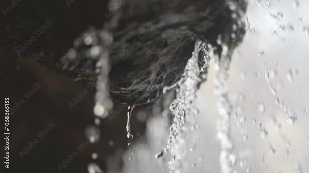 Clear droplets drip from rocky ledges in slow motion, each one distinct. Behind, a spring waterfall flows, representing peace and water scarcity issues.