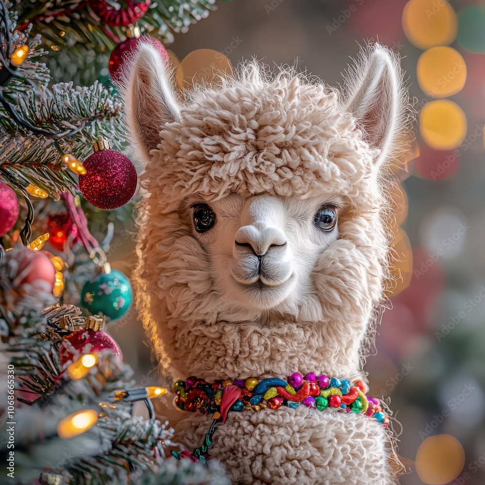 Festive alpaca posing charmingly next to a beautifully decorated christmas tree in vibrant holiday colors