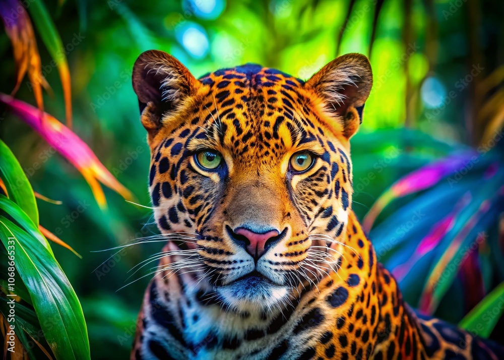 Fototapeta premium Vibrant Multicolored Leopard Portrait - Exotic Wildlife Photography, Colorful Animal Art, Nature Close-Up, Animal Portraits, Stunning Leopard Imagery, Wild Animal Photography