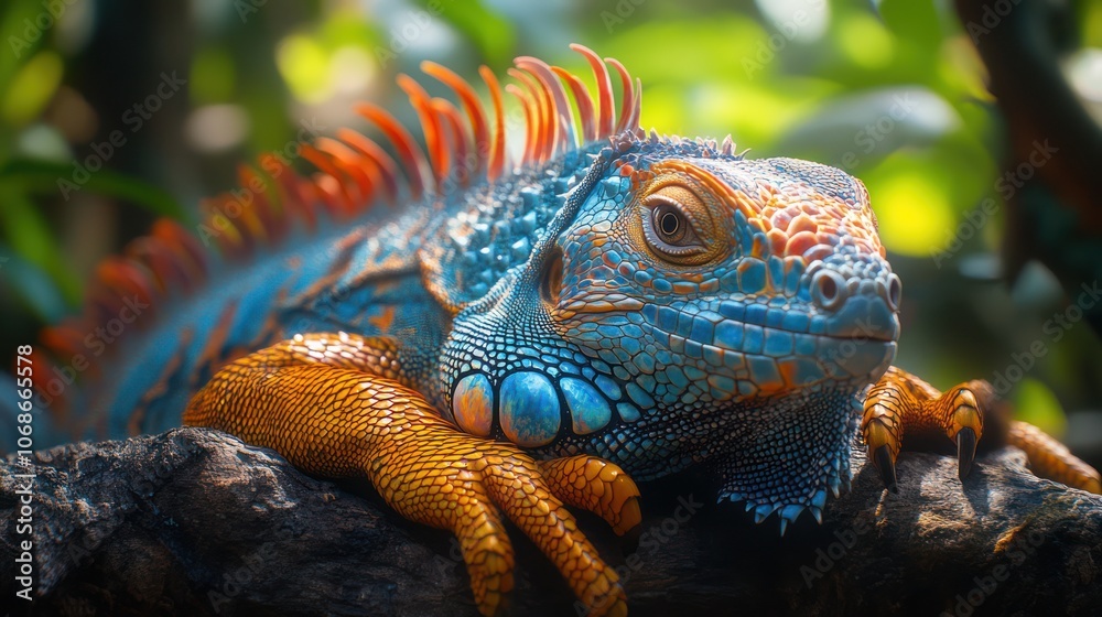 Fototapeta premium A close-up of a vibrant blue and orange iguana resting on a branch in a lush green forest.