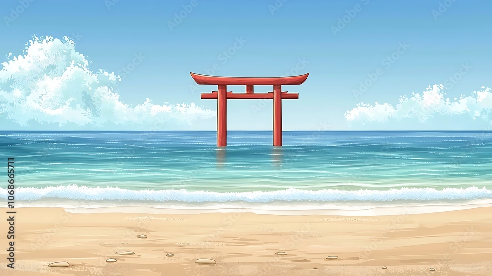 Red Torii Gate in the Ocean, Japanese Beach Scene. Red Torii Gate in the Ocean, Japanese Beach Scene.