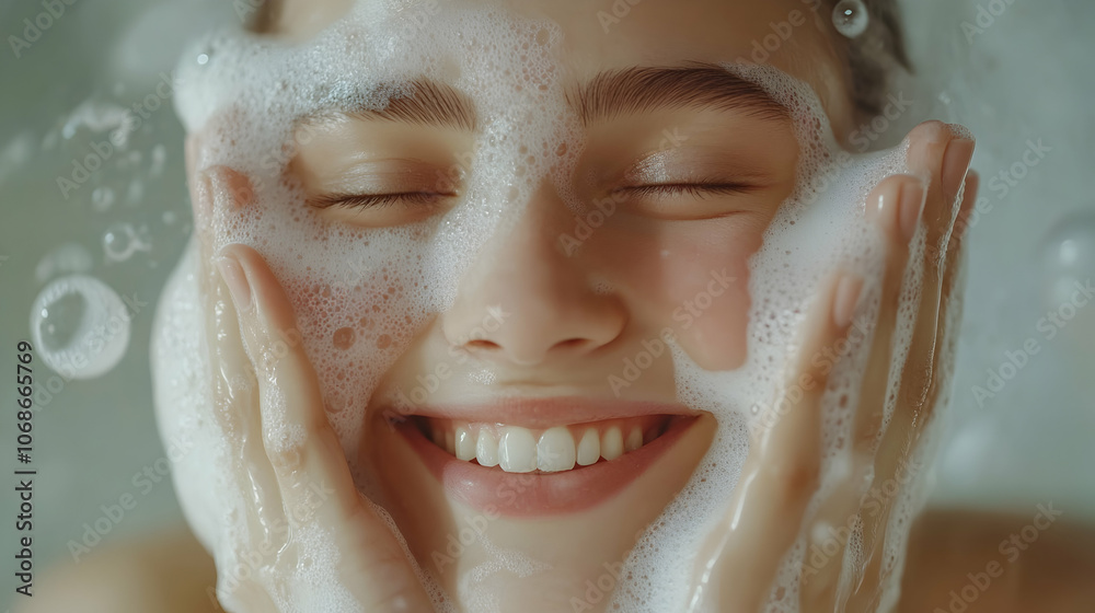 Cleansing Routine: A young woman joyfully washing her face with a foamy gel, embodying the daily skincare routine and self-care practices.   