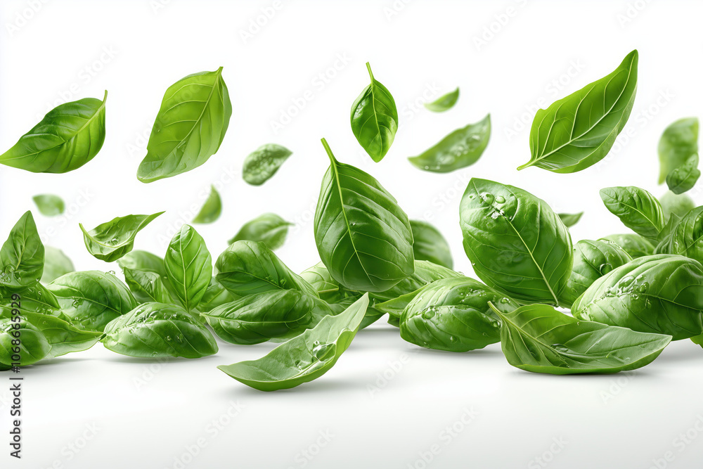 Floating fresh green basil leaves on a white background. Floating fresh green basil leaves on a white background.