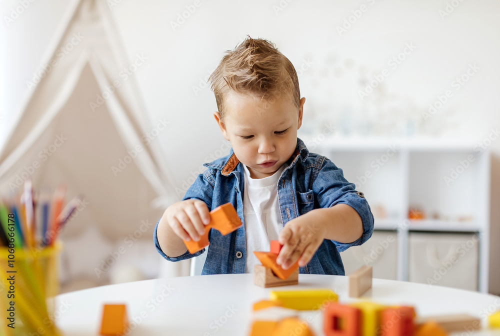 Adorable little toddler child concentrates on stacking vibrant building blocks in a well-lit room designed for play and creativity, showcasing his developing skills and imagination. Adorable little toddler child concentrates on stacking vibrant building blocks in a well-lit room designed for play and creativity, showcasing his developing skills and imagination.