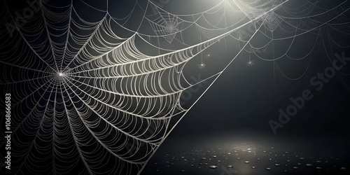 A large spider web hangs in a dark room with a single light source.