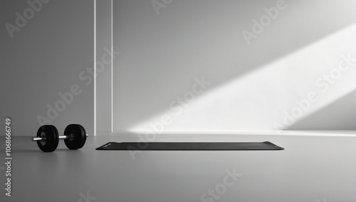 Sports background, dumbbell on the floor in the fitness room. copy space