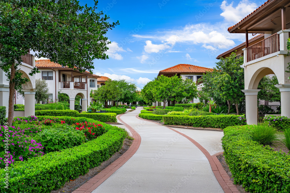 Naklejka premium Serene Residential Complex Surrounded by Lush Greenery