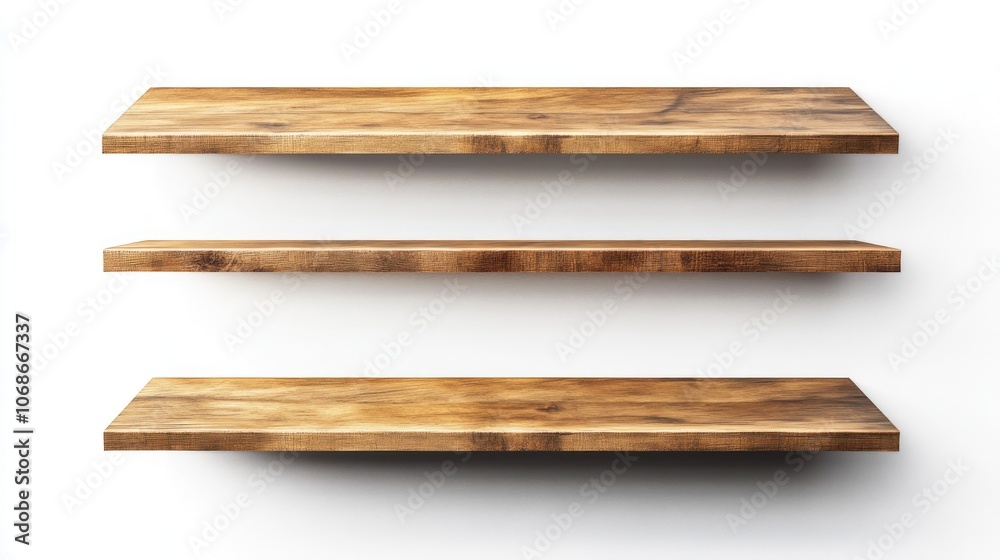 Three Wooden Shelves Against White Background Three Wooden Shelves Against White Background
