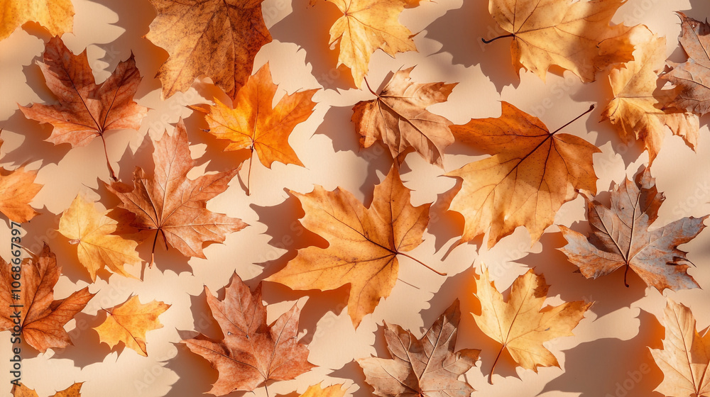 Fototapeta premium Colorful autumn leaves scattered on a light background showcasing seasonal change