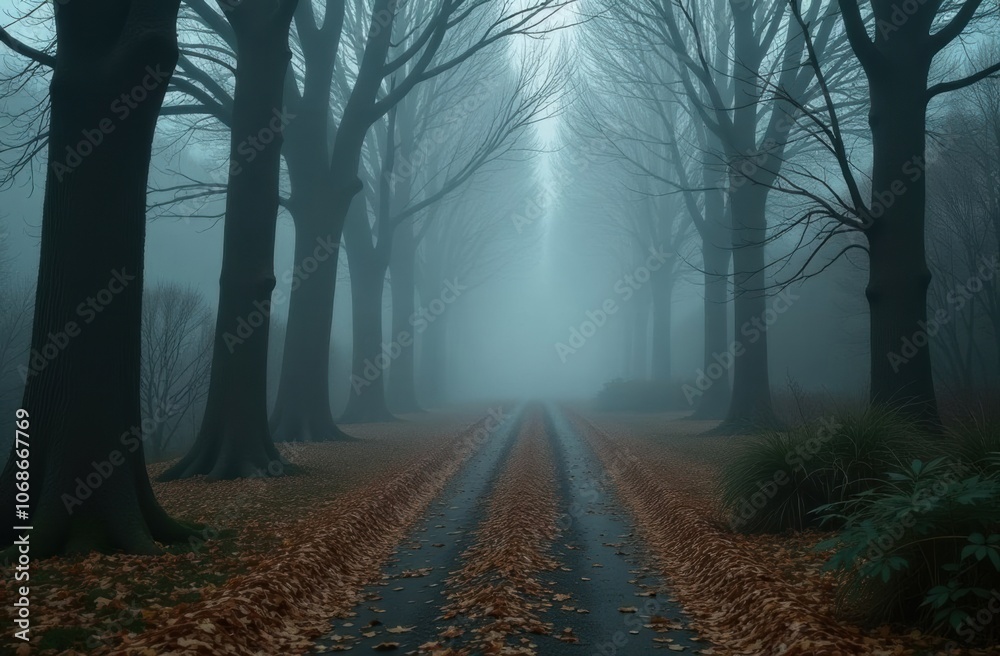 Fototapeta premium Foggy Forest Path with Fallen Leaves – Leading into the Distance, Evoking a Sense of Mourning