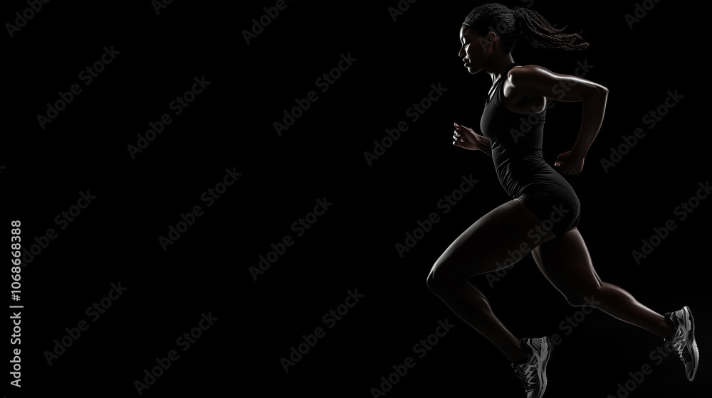 A Black female athlete running, isolated on a black background, with copy space for text and a banner mock-up template. This image represents the fitness and sport training concept
A Black female athlete running, isolated on a black background, with copy space for text and a banner mock-up template. This image represents the fitness and sport training concept