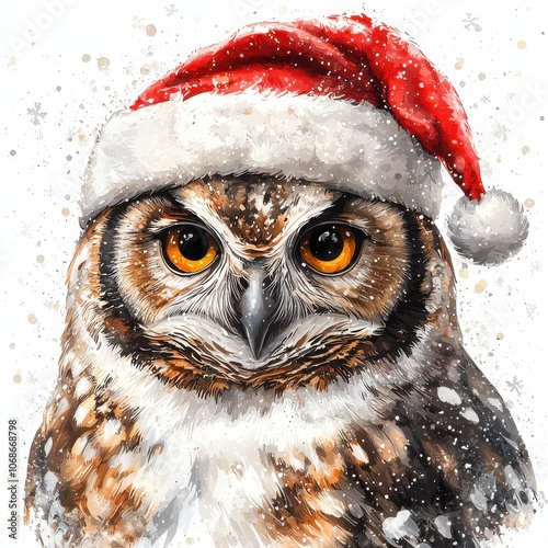 Charming brighteyed owl wearing santa hat with intricate feather detail against a warm background photo