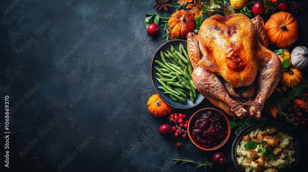 Flat lay of a roasted turkey arranged alongside classic Thanksgiving sides like mashed potatoes, green beans, cranberry sauce, and stuffing. Flat lay of a roasted turkey arranged alongside classic Thanksgiving sides like mashed potatoes, green beans, cranberry sauce, and stuffing.