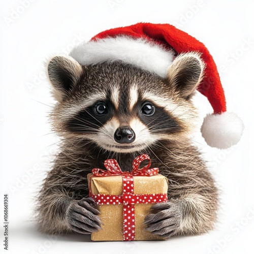 Mischievous raccoon in santa hat with a charming smile holding a gift for the holidays photo