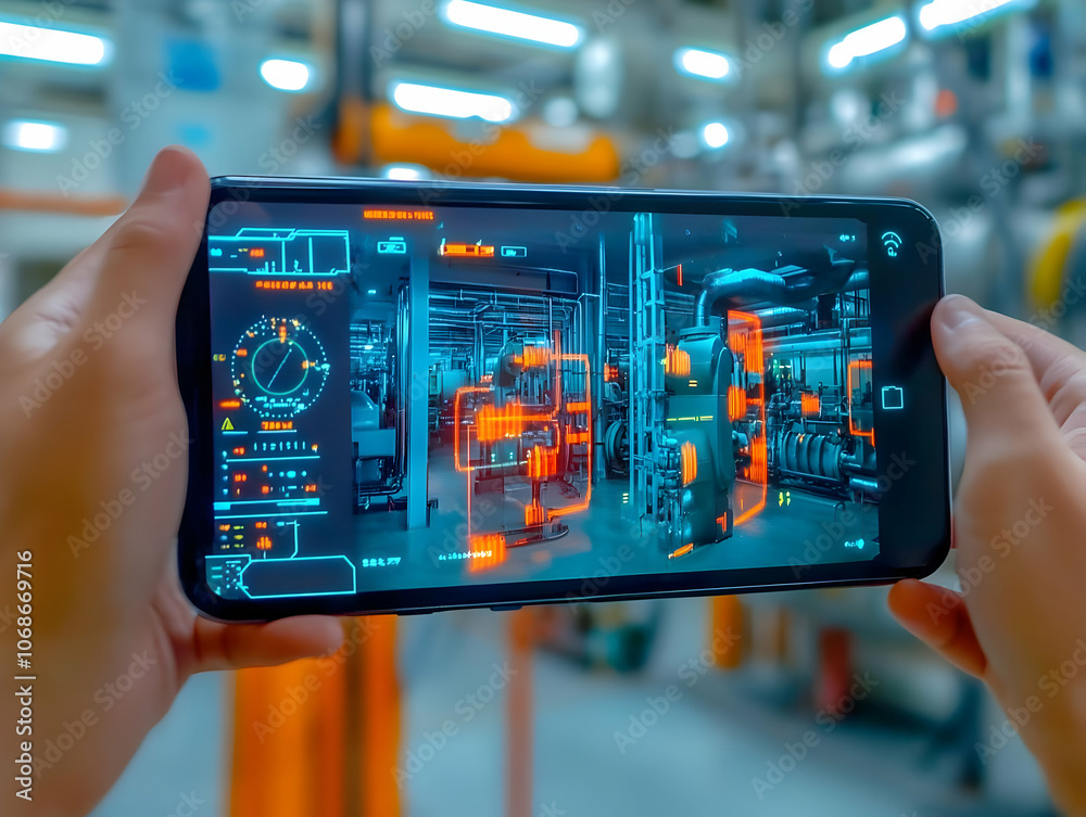 Photo - Augmented Reality Mobile App in Factory Control Room Dashboard Photo - Augmented Reality Mobile App in Factory Control Room Dashboard