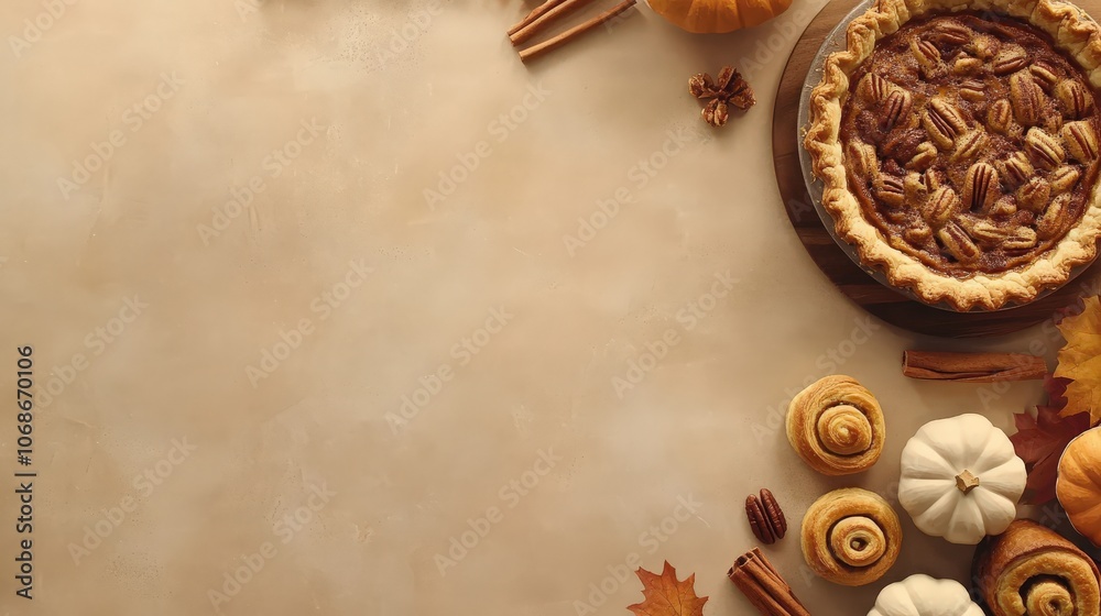 Thanksgiving Dessert Selection A flat lay banner featuring a variety of Thanksgiving desserts, such as pumpkin pie, pecan pie, and cinnamon rolls. Thanksgiving Dessert Selection A flat lay banner featuring a variety of Thanksgiving desserts, such as pumpkin pie, pecan pie, and cinnamon rolls.