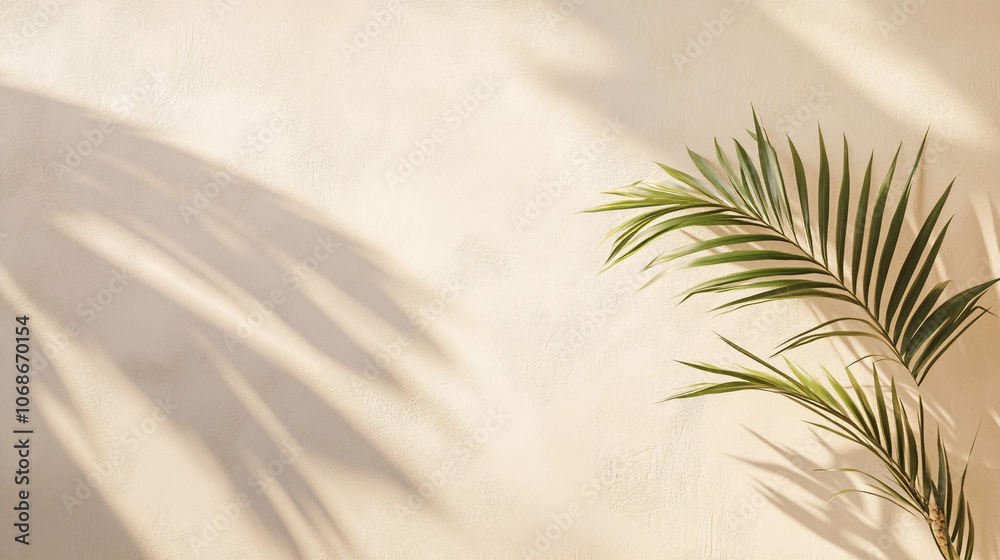 Lush green palm leaf casting intricate shadows on a light-colored wall in the afternoon sunlight Lush green palm leaf casting intricate shadows on a light-colored wall in the afternoon sunlight