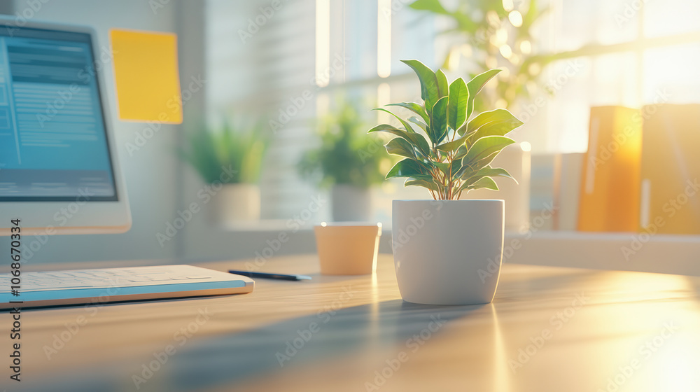 A sunlit office desk with a small potted plant, computer monitor, and sticky notes, creating a bright and inviting workspace. A sunlit office desk with a small potted plant, computer monitor, and sticky notes, creating a bright and inviting workspace.