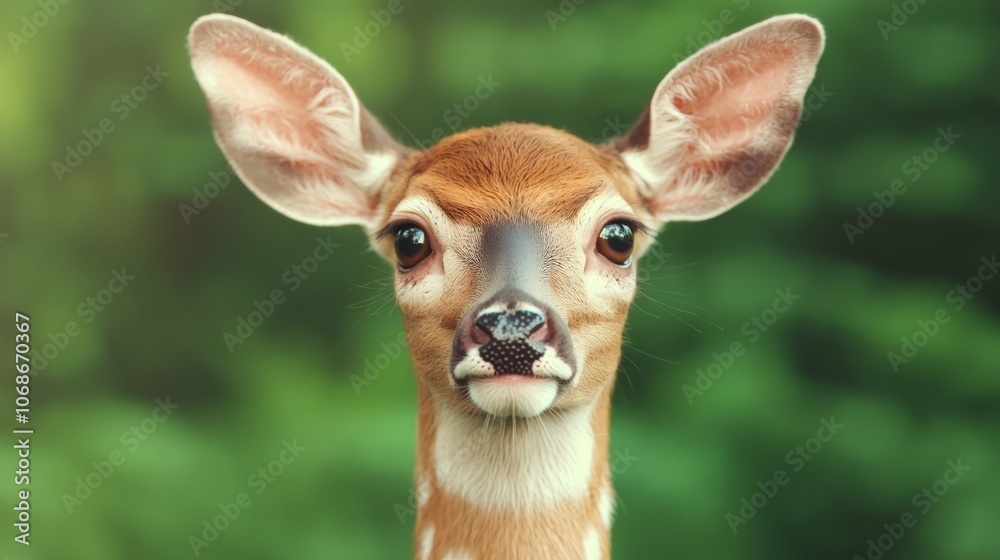 A curious fawn with large ears looks directly at the camera, its brown fur and white spots visible against a green background. A curious fawn with large ears looks directly at the camera, its brown fur and white spots visible against a green background.