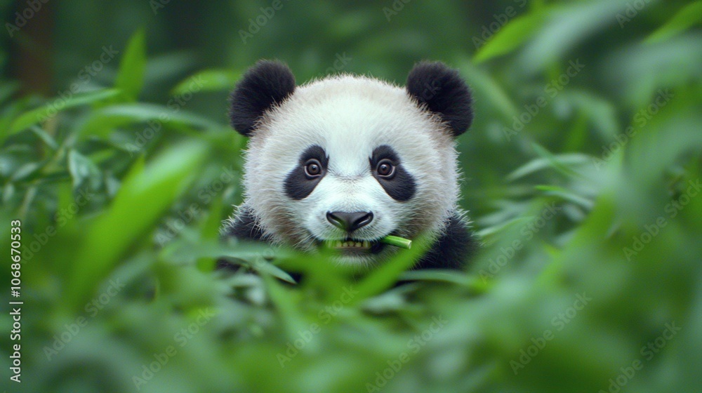 A cute panda bear with black eyes and ears, peeking through the bamboo forest, eating bamboo shoots. A cute panda bear with black eyes and ears, peeking through the bamboo forest, eating bamboo shoots.