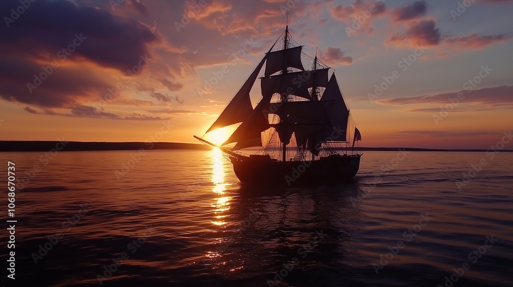 Obraz premium Calm Evening Ocean with Silhouetted Sailing Ship