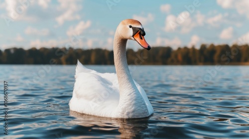 A graceful white swan with an orange beak swims in a tranquil lake with blue water and a green forest backdrop. photo