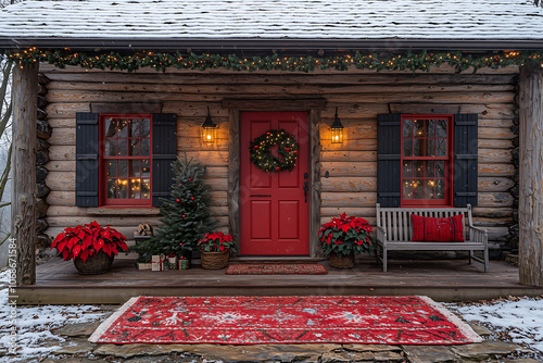 Cozy log cabin decorated for Christmas with red accents, snow, and festive lights creates warm holiday atmosphere. Perfect for winter celebrations