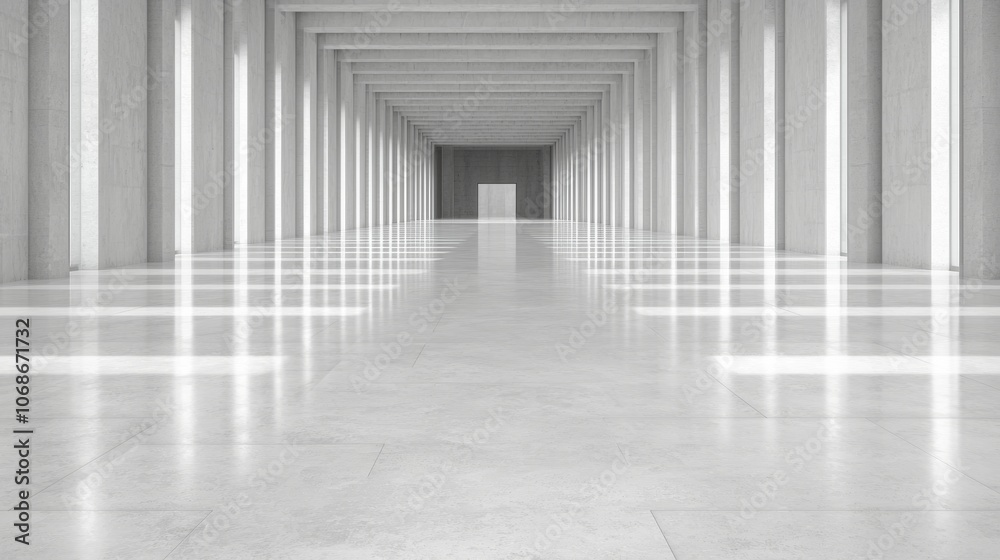 A long, white hallway with a single door at the end, illuminated by sunlight streaming through windows. A long, white hallway with a single door at the end, illuminated by sunlight streaming through windows.