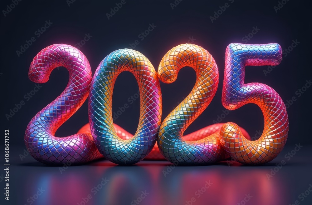 Volumetric neon numbers 2025 made of snakeskin on a dark background, New Year, Christmas Volumetric neon numbers 2025 made of snakeskin on a dark background, New Year, Christmas