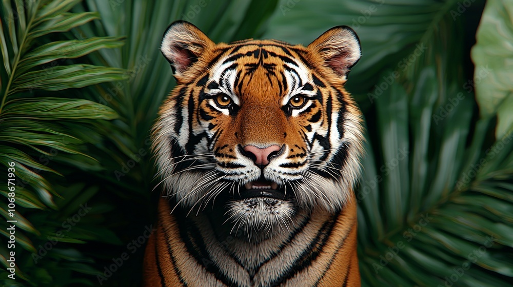 A majestic tiger with piercing yellow eyes stares intently from a lush jungle setting. A majestic tiger with piercing yellow eyes stares intently from a lush jungle setting.