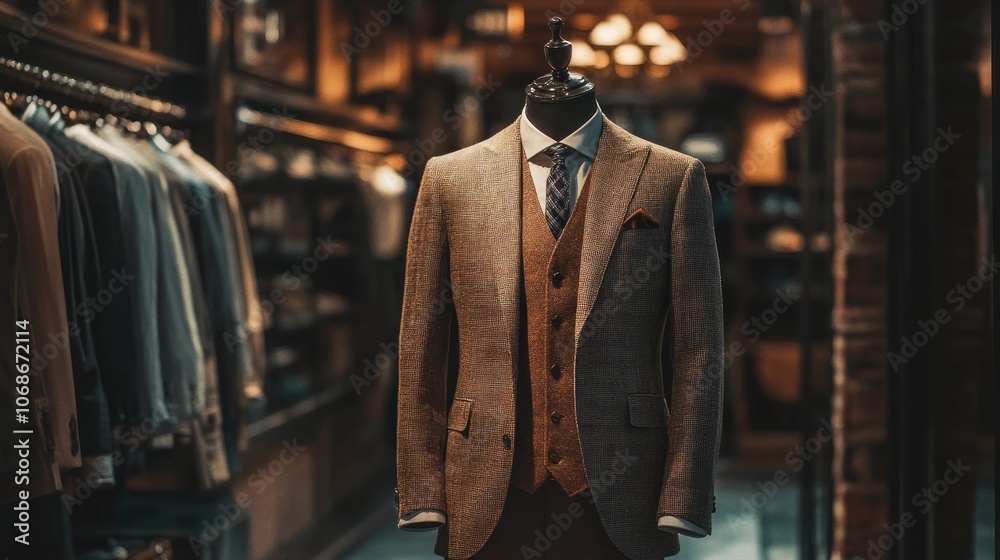 A brown suit on a mannequin in a retail store. A brown suit on a mannequin in a retail store.