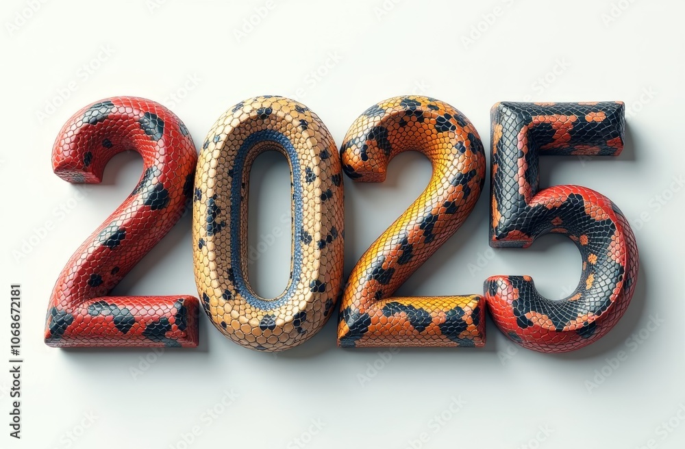 Snakeskin Volumetric Numerals 2025 of snake skin on white Background, New Year Symbol Snake, Christmas Snakeskin Volumetric Numerals 2025 of snake skin on white Background, New Year Symbol Snake, Christmas