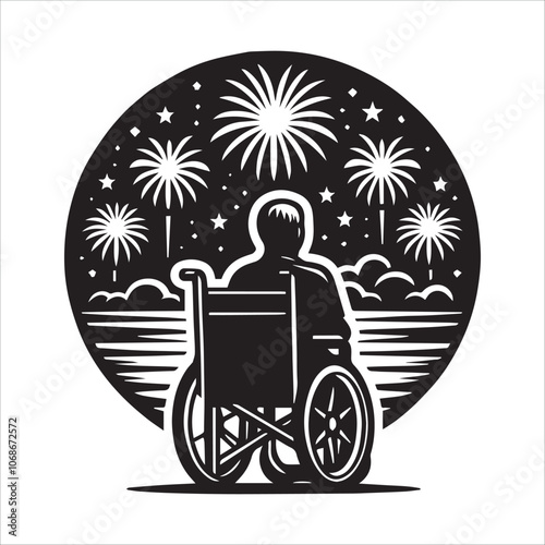 Senior Citizen in Wheelchair Enjoys Fireworks Display. A black and white vector illustration of a senior man in a wheelchair watching a fireworks display over a body of water.