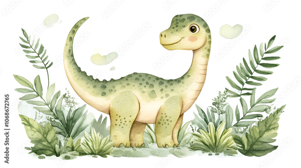 Fototapeta premium Watercolor cartoon cute little dinosaur , A cartoon dinosaur standing in a field with clouds and grass, A cartoon dinosaur standing in a field with grass and trees