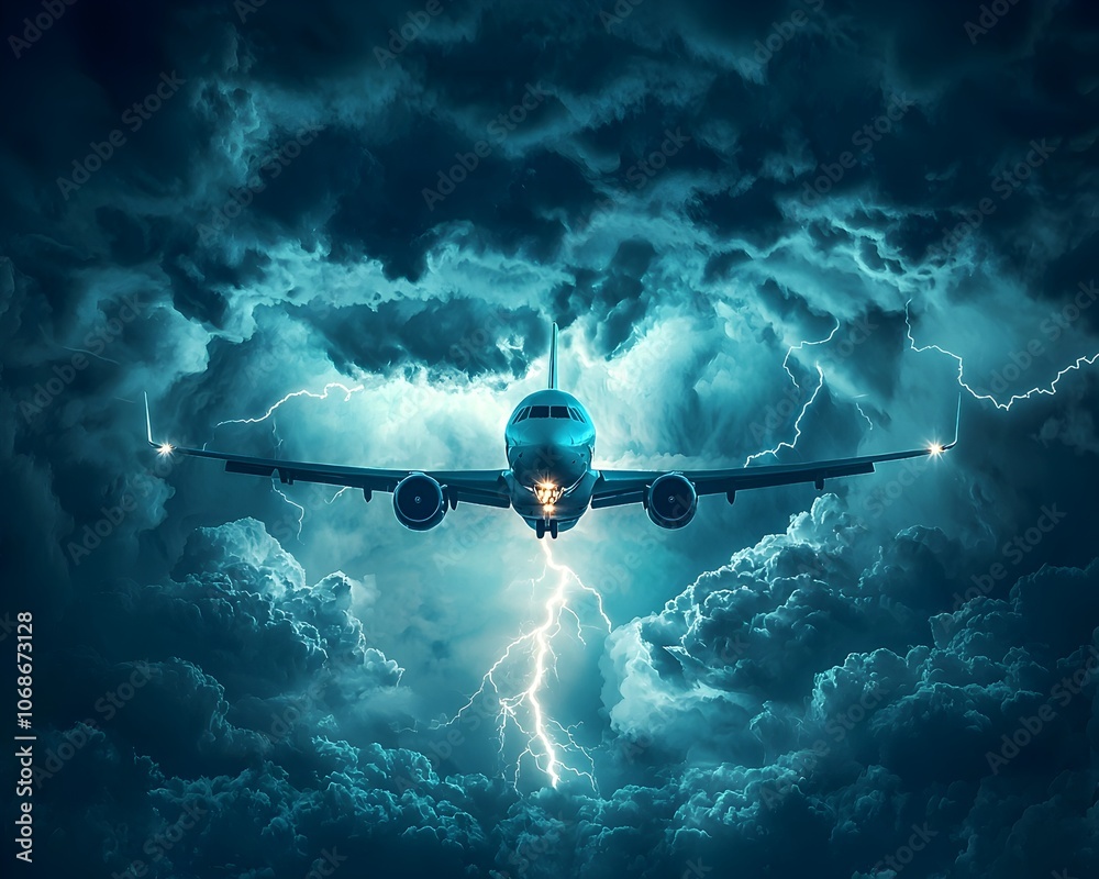 Fototapeta premium Dramatic Thunderstorm Airplane Soaring Through Swirling Clouds and Lightning