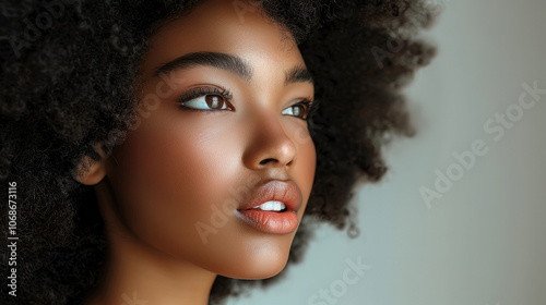 Beautiful African American model with long neck, long curly afro.