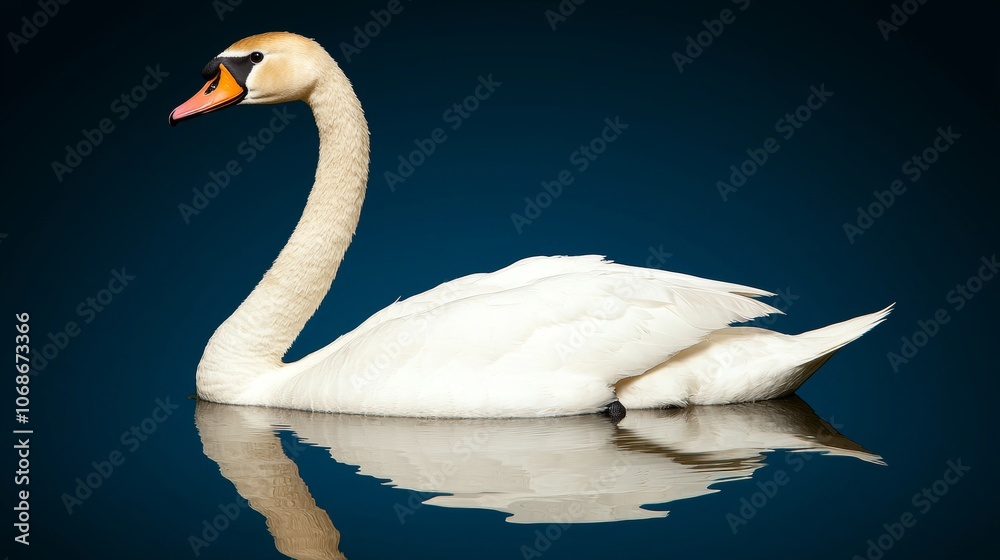 Fototapeta premium A white swan with an orange beak swims on blue water with its reflection visible.