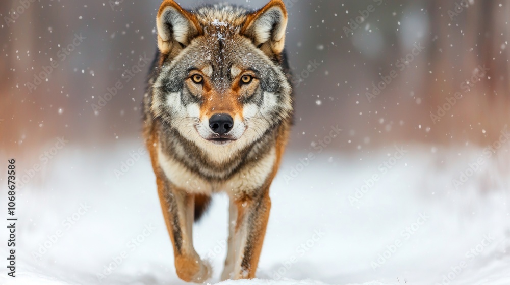 A wolf walks through a snowy forest, looking directly at the camera. A wolf walks through a snowy forest, looking directly at the camera.