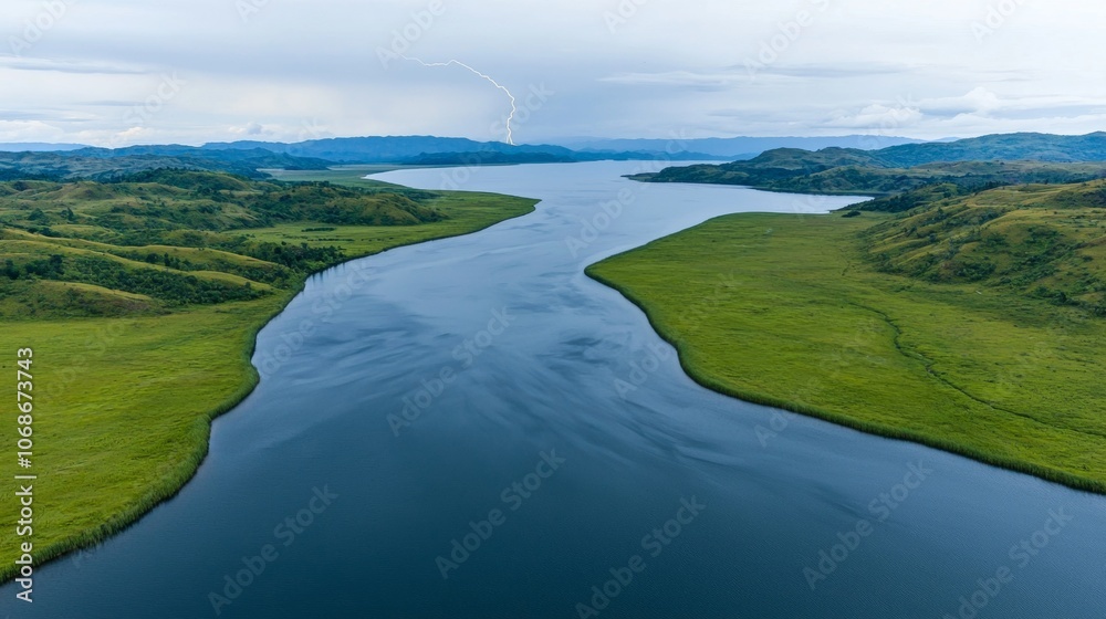 An aerial view of a winding river with lush green vegetation on either side, with a dramatic lightning strike in the distance. An aerial view of a winding river with lush green vegetation on either side, with a dramatic lightning strike in the distance.