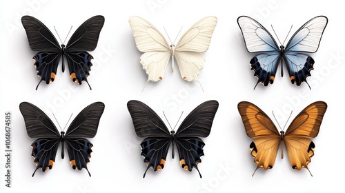 Six realistic butterflies isolated on white background.