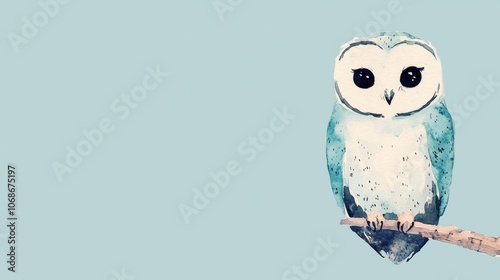 Watercolor illustration of a cute owl on a branch against a blue background. photo