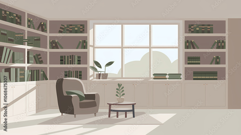 Cozy Minimalist Home Library with Built-In Bookshelves, Armchair, and Natural Light in Flat Art Style Cozy Minimalist Home Library with Built-In Bookshelves, Armchair, and Natural Light in Flat Art Style