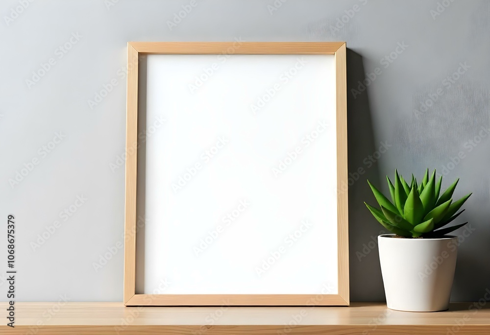 A wooden frame with a blank white canvas was placed on a wooden surface next to a potted succulent plant against a gray concrete wall. A wooden frame with a blank white canvas was placed on a wooden surface next to a potted succulent plant against a gray concrete wall.
