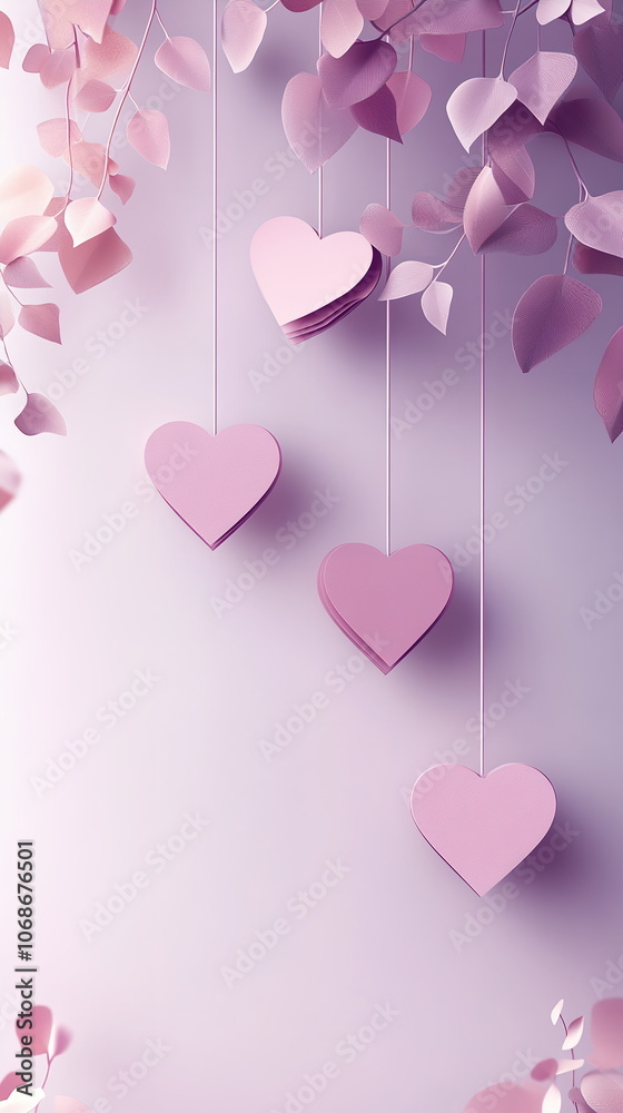 Elegant banner with cute love notes and paper hearts on light lavender solid background Valentine's day vertical greeting card mockup for social media, minimal style, copy space, love wedding Elegant banner with cute love notes and paper hearts on light lavender solid background Valentine's day vertical greeting card mockup for social media, minimal style, copy space, love wedding