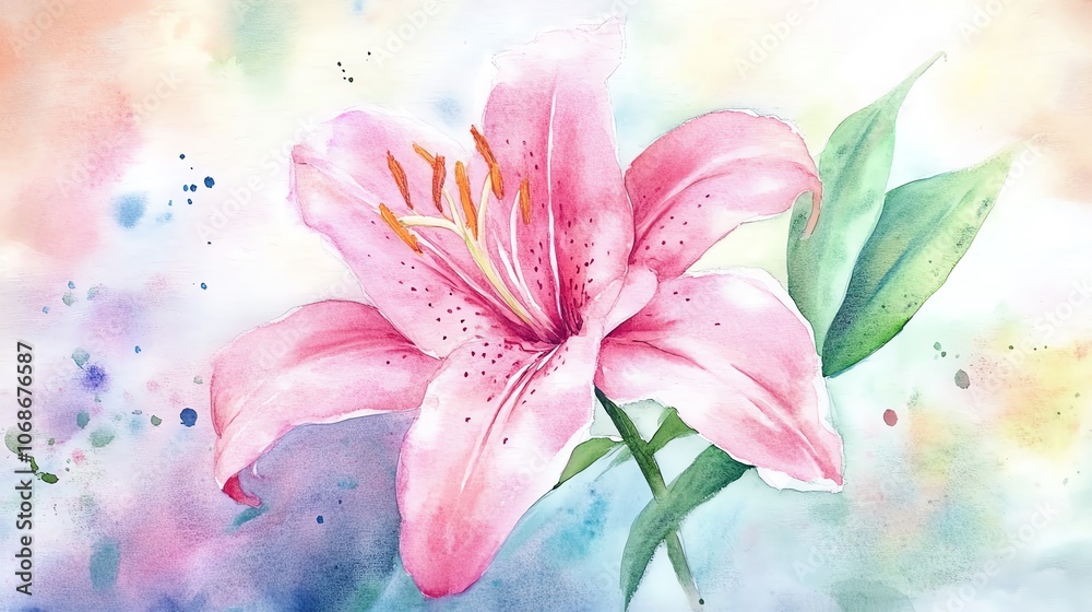 A beautiful pink lily blooms against a soft, colorful watercolor background, showcasing its delicate petals and vibrant colors. A beautiful pink lily blooms against a soft, colorful watercolor background, showcasing its delicate petals and vibrant colors.