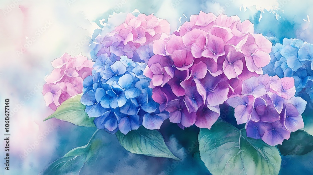 Obraz premium A serene arrangement of colorful hydrangea flowers, showcasing delicate petals in shades of pink and blue against a soft background.