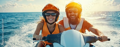 Happy couple riding a jet ski on the open ocean, wearing helmets and life vests, capturing excitement, fun, and summer adventure.