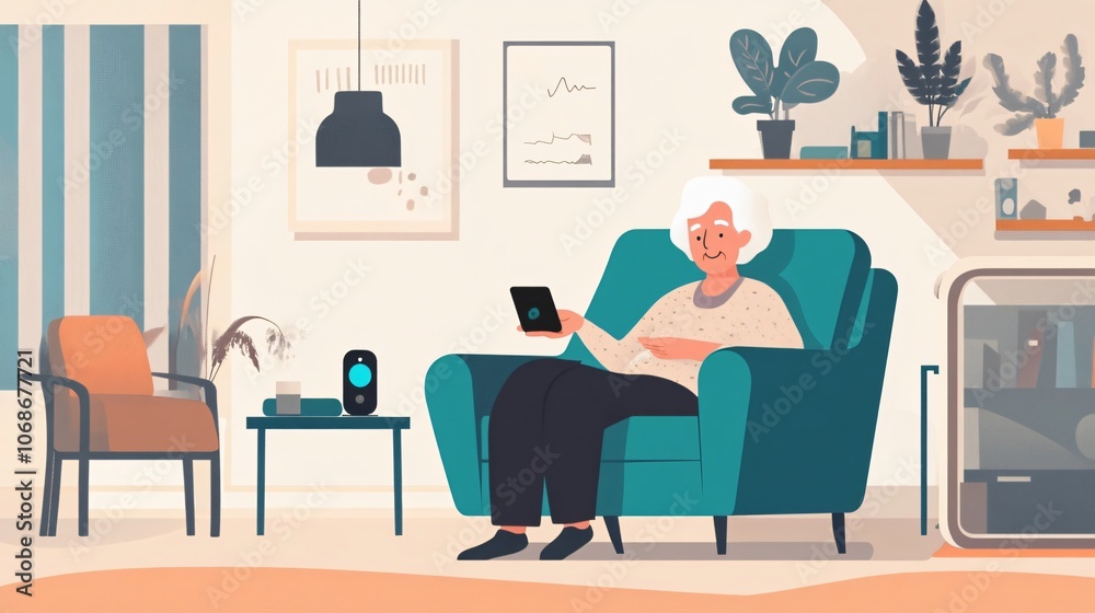 Elderly Woman Using Tablet in Living Room Elderly Woman Using Tablet in Living Room